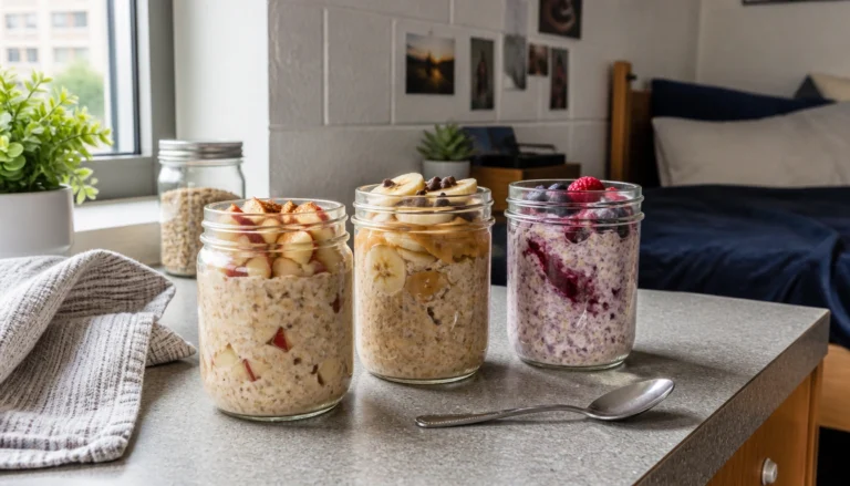 College student overnight oats jars with apple-cinnamon, peanut butter-banana, and berry-vanilla flavors in the fridge