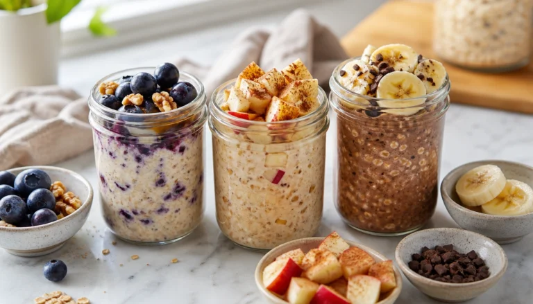 Beginner-friendly overnight oats variations in jars with fruit and yogurt base for meal prep