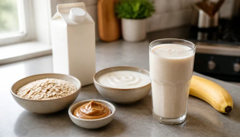 Budget-friendly protein smoothie made without protein powder using milk, oats, peanut butter, and bananas