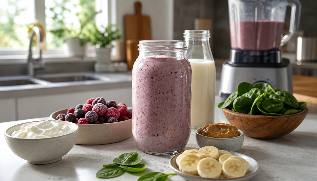 Creamy fruit-and-protein smoothie made with Greek yogurt or soy milk—no protein powder, quick for busy parents
