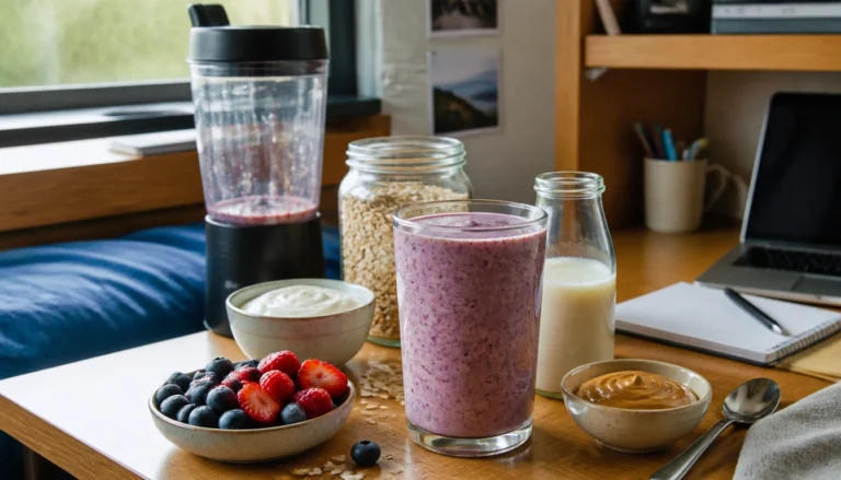 Protein smoothie without protein powder made with Greek yogurt, fruit, oats, and seeds