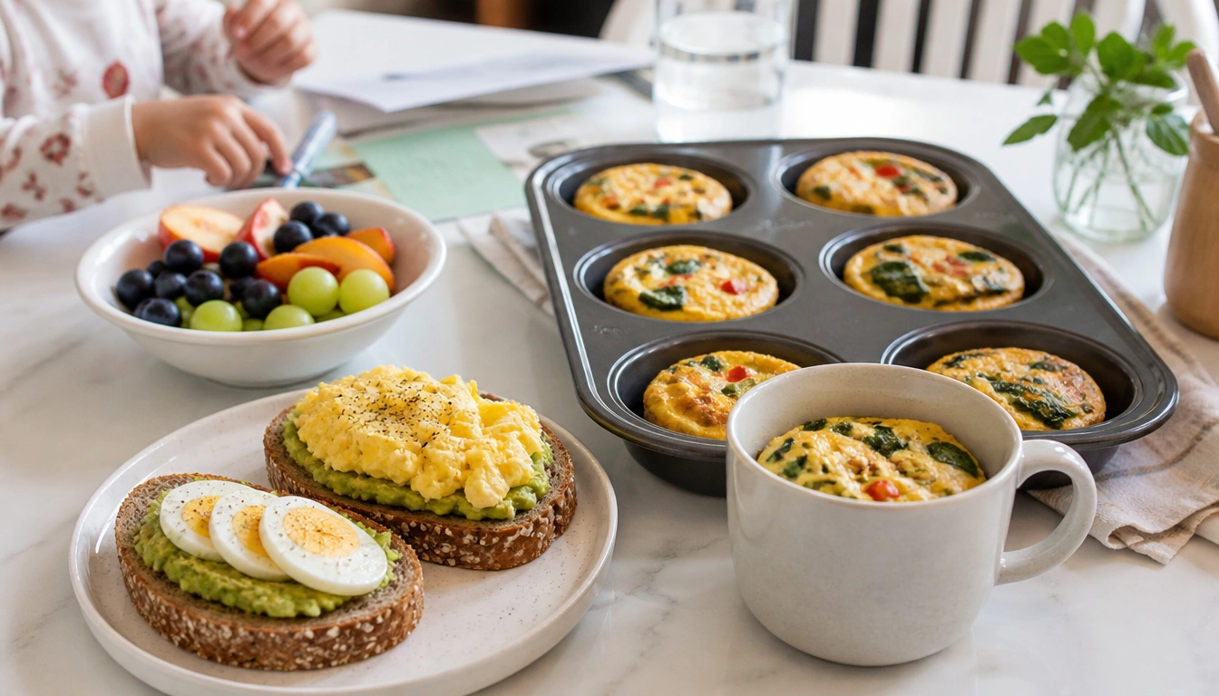 Quick egg breakfast ideas for busy parents: egg muffins, mug omelets, and avocado toast for fast mornings