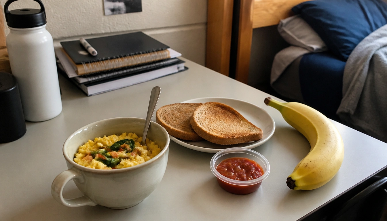 Quick egg breakfast ideas for college students: microwave mug scramble, egg muffins, and bean bowls