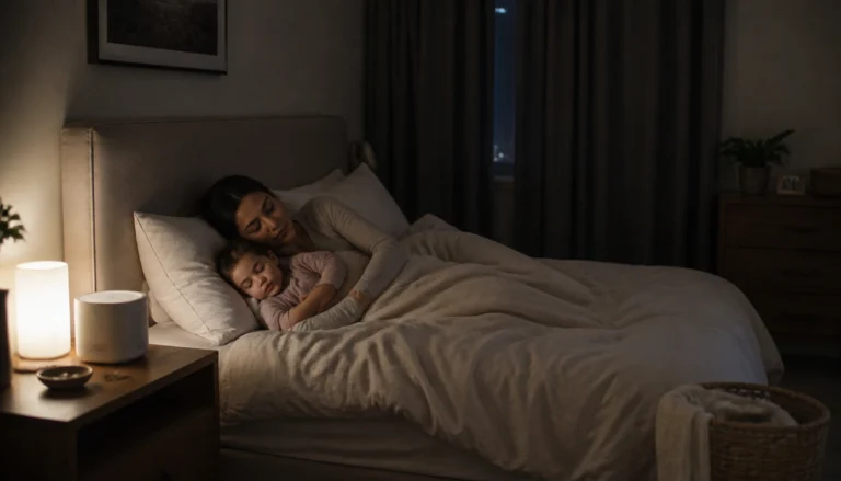 Quiet bedroom checklist for busy parents featuring sound masking, dark curtains, cool room, and phone-free sleep tips