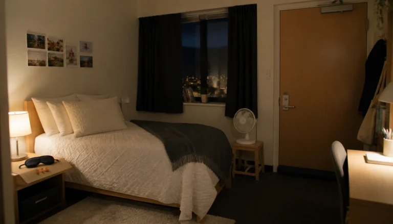 Checklist for creating a quiet, dark, cool bedroom in a college dorm with noise and light control tips