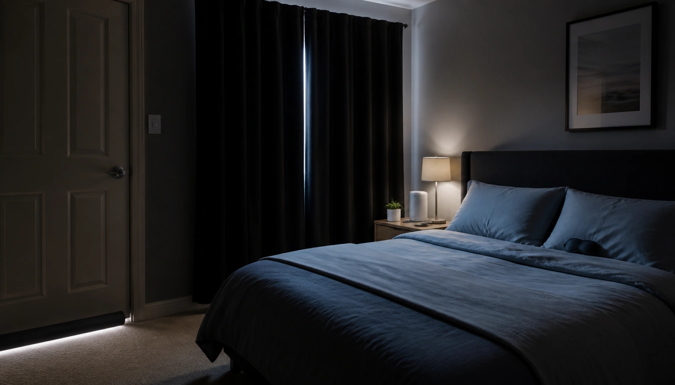Shift worker quiet bedroom checklist showing dark, cool, and quiet setup tips for daytime sleep