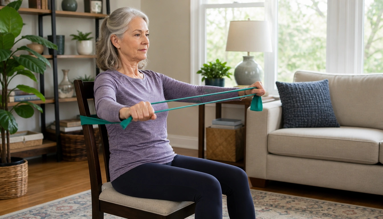 Beginner full-body resistance band routine for adults over 50 with seated and standing options at home