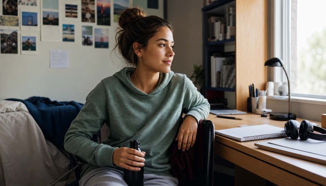 College student following a rest day recovery plan with light stretching, steady sleep, and balanced meals