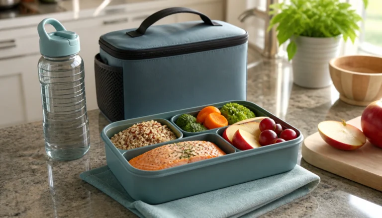 Adult over 60 packing a balanced lunch routine with protein, fruit, whole grains, and safe storage essentials.