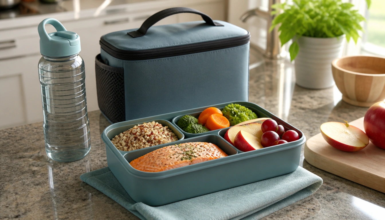 Adult over 60 packing a balanced lunch routine with protein, fruit, whole grains, and safe storage essentials.