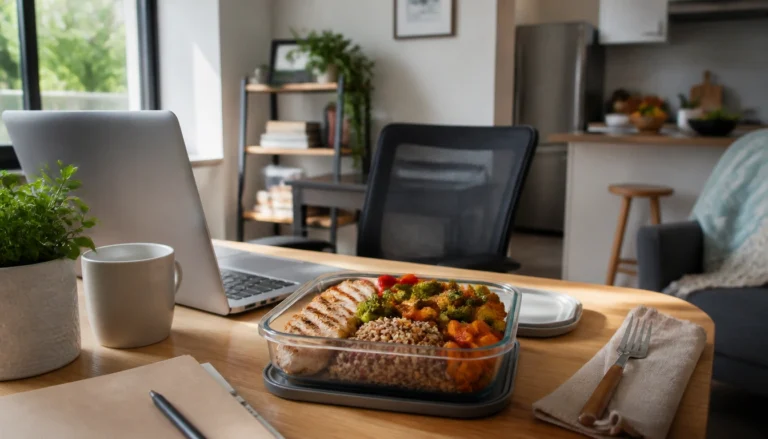 Practical lunch packing routine for remote workers with balanced ingredients stored safely at home