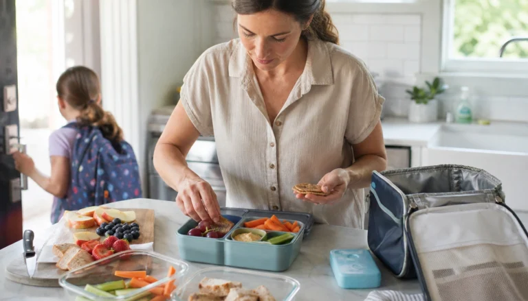 Busy parents pack balanced school lunches using a 5-day rotation and bento-style containers