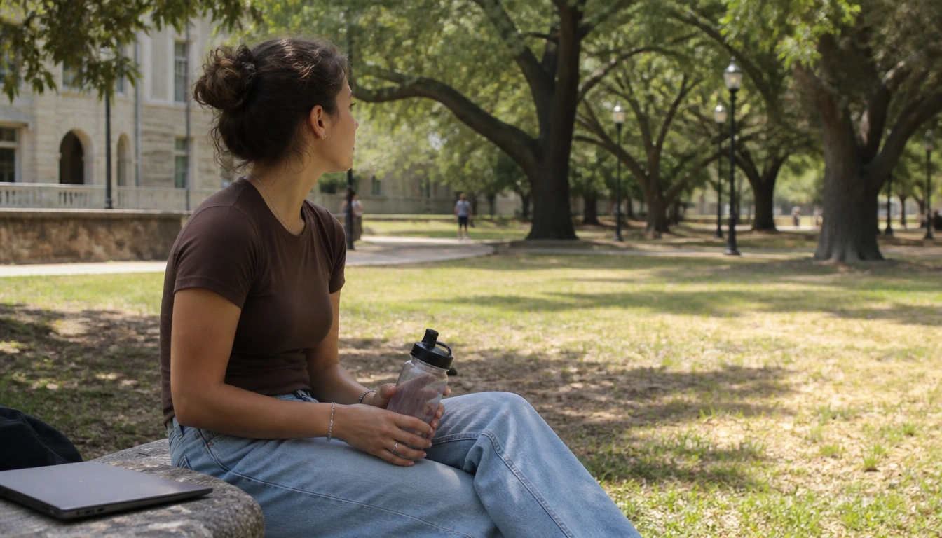 Student taking a short outdoor break to refresh focus and reduce screen-related fatigue during study