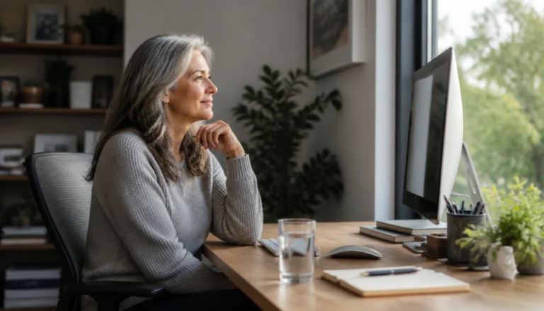 A practical screen-break routine for adults over 50: 20-20-20, blinking, and hourly movement tips at a desk