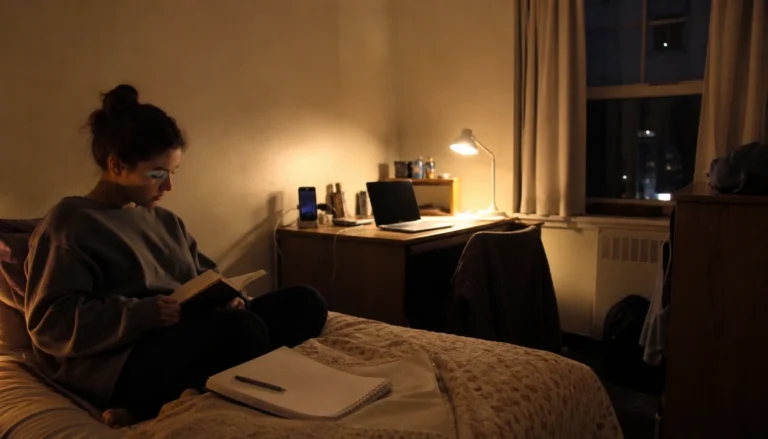 College student setting phone to charge away from bed in a screen-free evening routine