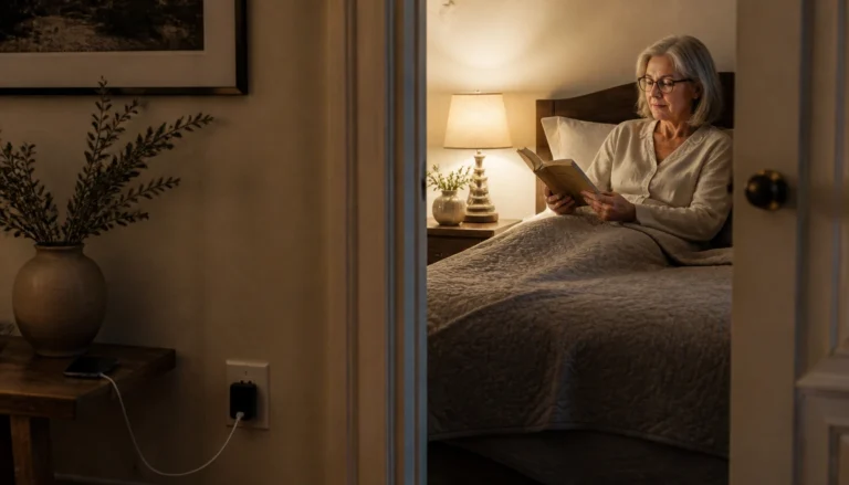 Screen-free wind-down routine for adults over 50 with dim lights, a book, and phone charging outside the bedroom