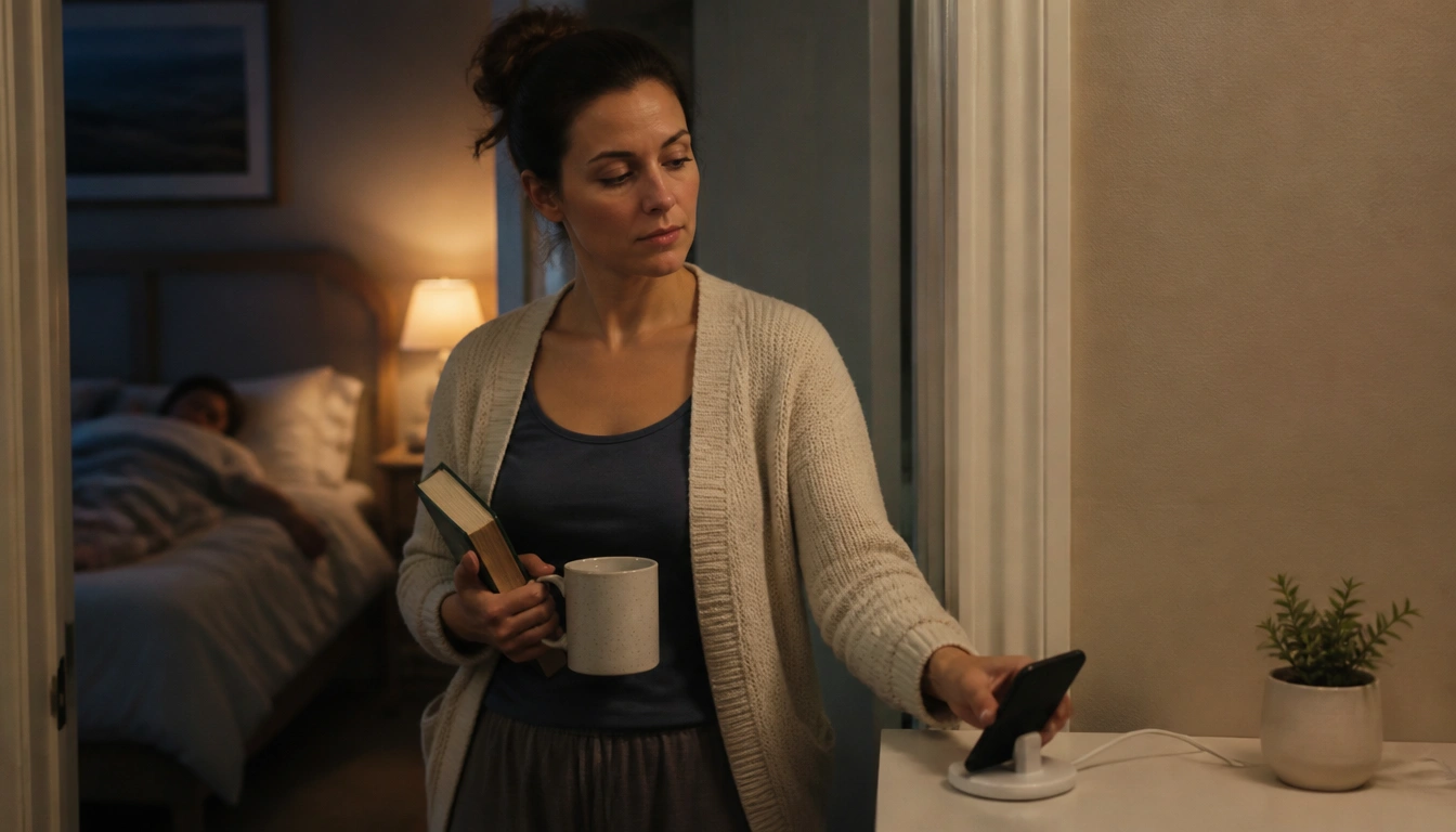 Busy parent following a screen-free wind-down routine with dim lights, journaling, and phone charging outside the bedroom