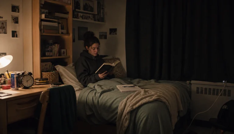 Dorm-friendly screen-free wind-down routine steps: phone parked, dim lights, and a calming bedtime journal
