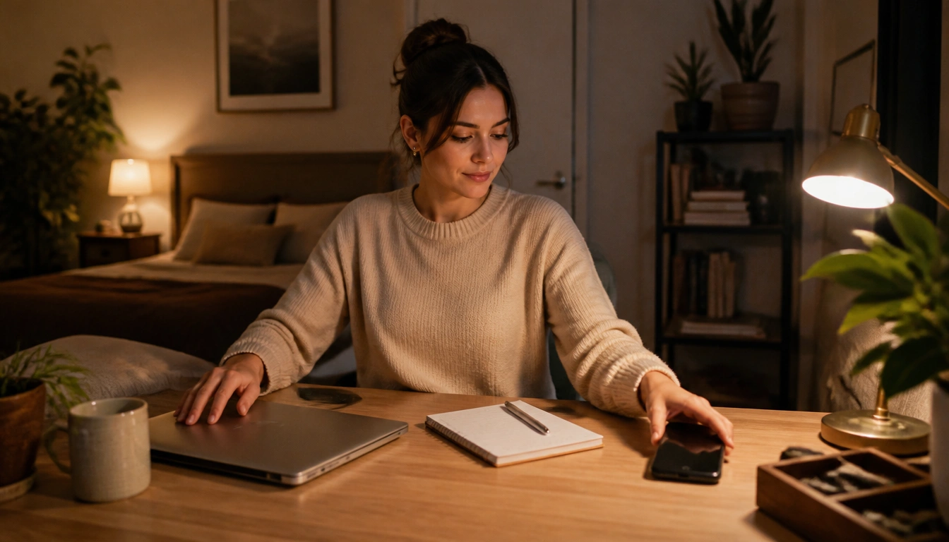 Screen-free wind-down routine for remote workers: notebook shutdown and calming pre-bed steps