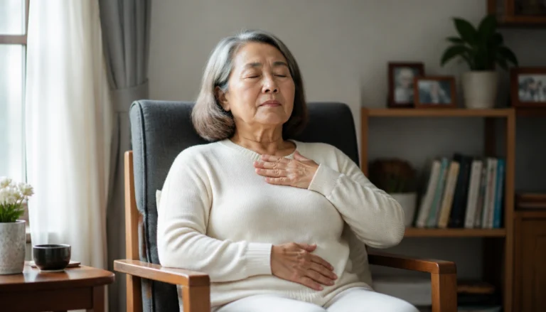 Gentle diaphragmatic breathing guide for adults over 50, sitting or lying with relaxed belly breathing