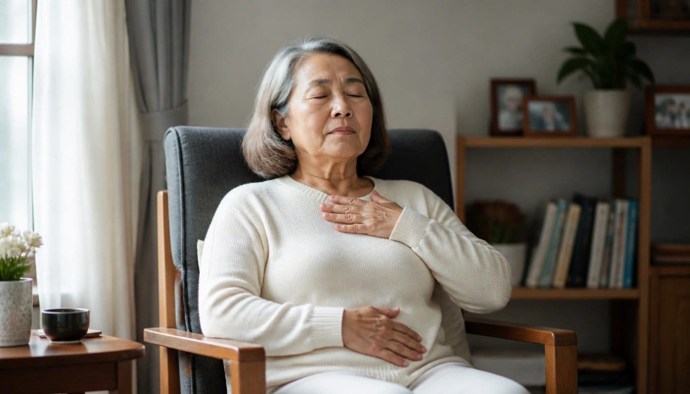 Gentle diaphragmatic breathing guide for adults over 50, sitting or lying with relaxed belly breathing
