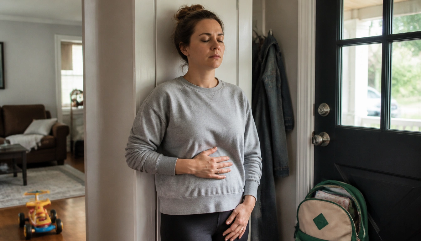 Busy parent doing gentle belly breathing for 1–2 minutes to reduce stress and regain mental space