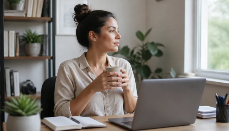 Box breathing practice at a home desk—slow inhale, hold, exhale, hold between work tasks to reset stress.