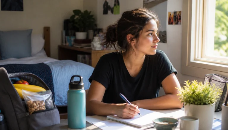 A college student following daily health habits like sleep, water, fiber snacks, and walking on a campus schedule.