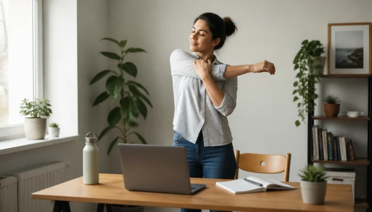 Simple daily health habits guide for people working from home: daylight, movement breaks, ergonomics, and shutdown routine.