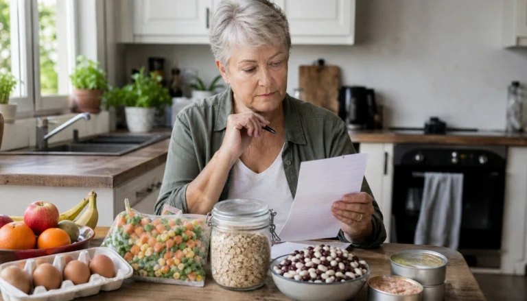 Person planning a weekly grocery list for adults over 60 to save money and reduce food waste