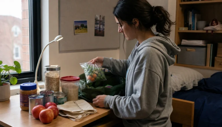 College student grocery haul checklist with staples, frozen and canned foods for a simple budget routine