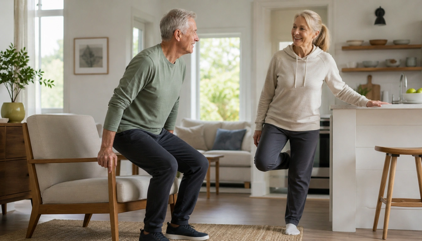 Simple movement goal for adults over 50 with walking, chair strength, and balance practice icons