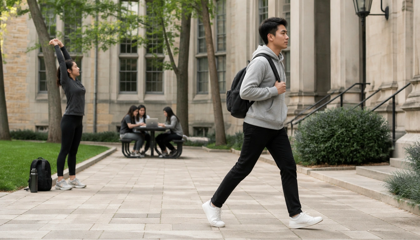 Student using study break to take a short walk on campus as a simple movement goal