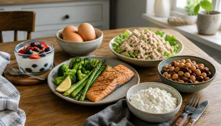 Simple protein meal plan for adults over 50 with breakfast, lunch, dinner, and snack examples