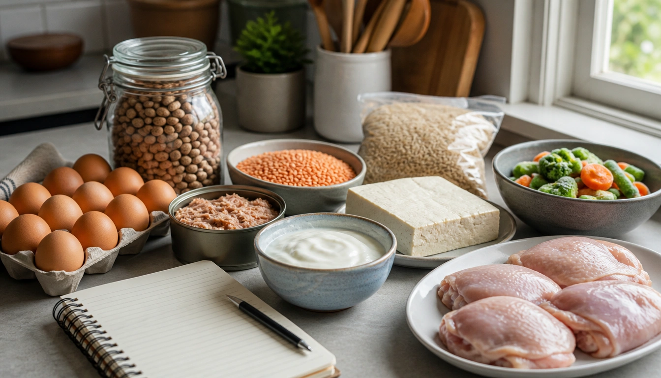 A budget-friendly meal plan featuring eggs, beans, yogurt, tofu, and canned fish staples for affordable high-protein eating