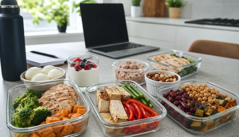 Quarter-plate protein meal plan with Greek yogurt, eggs, vegetables, and whole grains for busy professionals