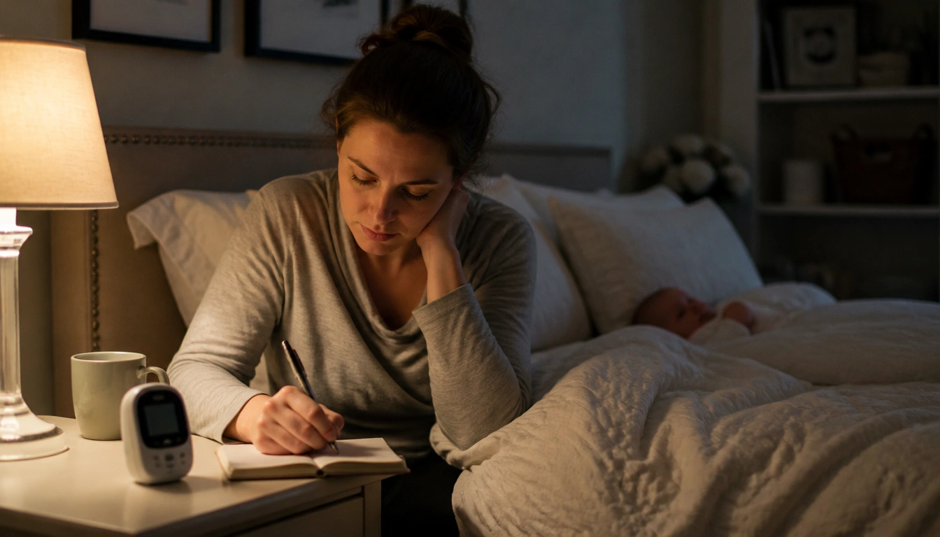 A simple sleep journal notebook with a pen, showing a 3-line format for busy parents’ sleep check-ins.