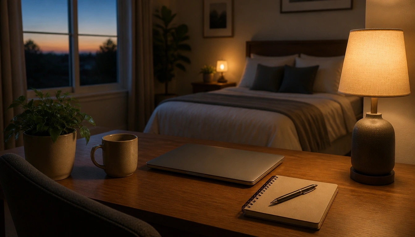Handwritten two-week sleep journal page for remote workers tracking logoff time, light, caffeine, and wake time