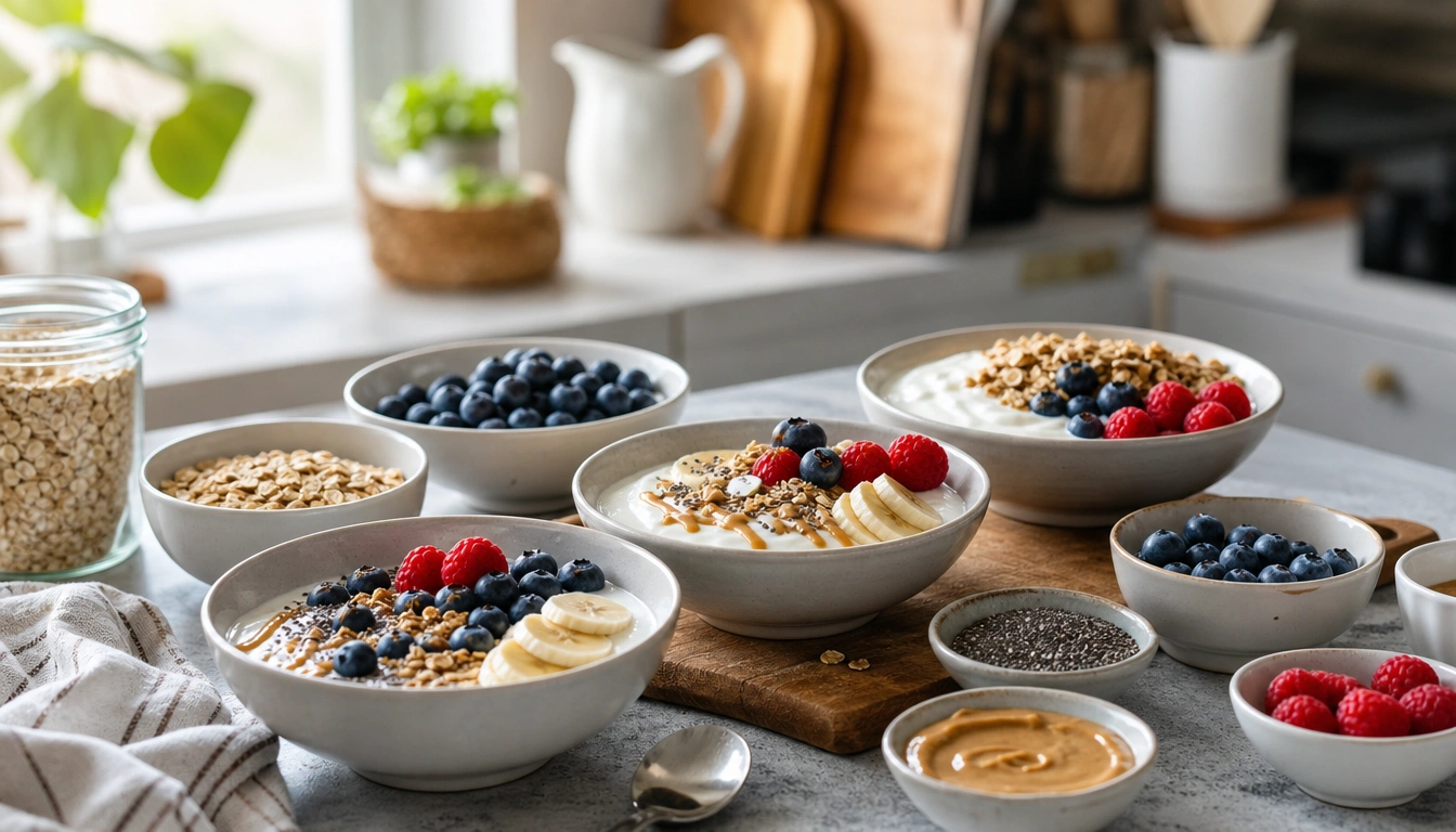 Simple yogurt bowl with plain yogurt, fruit, chia, and oats—easy breakfast idea for busy parents