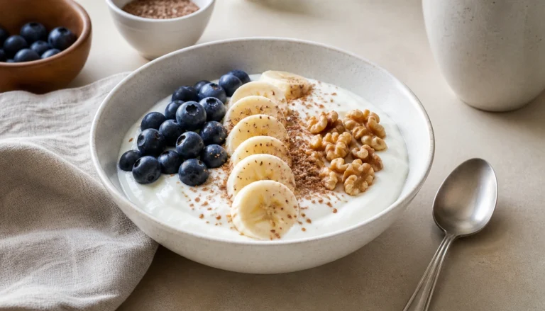 Simple yogurt bowl with plain Greek yogurt, berries, chia or flax, and nut butter—senior-friendly breakfast idea