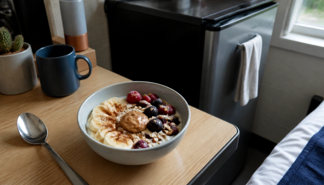 Simple yogurt bowl ideas for college students with plain yogurt, fruit, oats, nuts, and seeds in a jar
