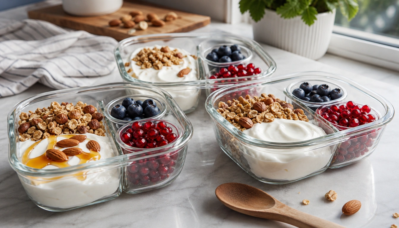 Beginner meal-prep yogurt bowls with separate fruit and crunchy toppings for freshness