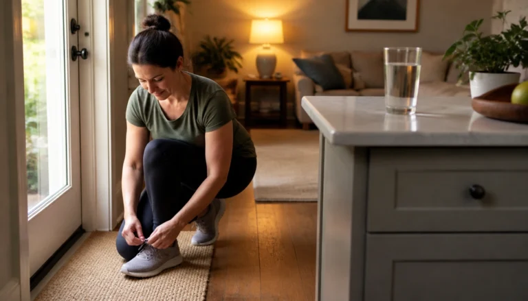 A beginner-friendly checklist showing tiny habit ideas for movement, nutrition, sleep, and mental wellbeing