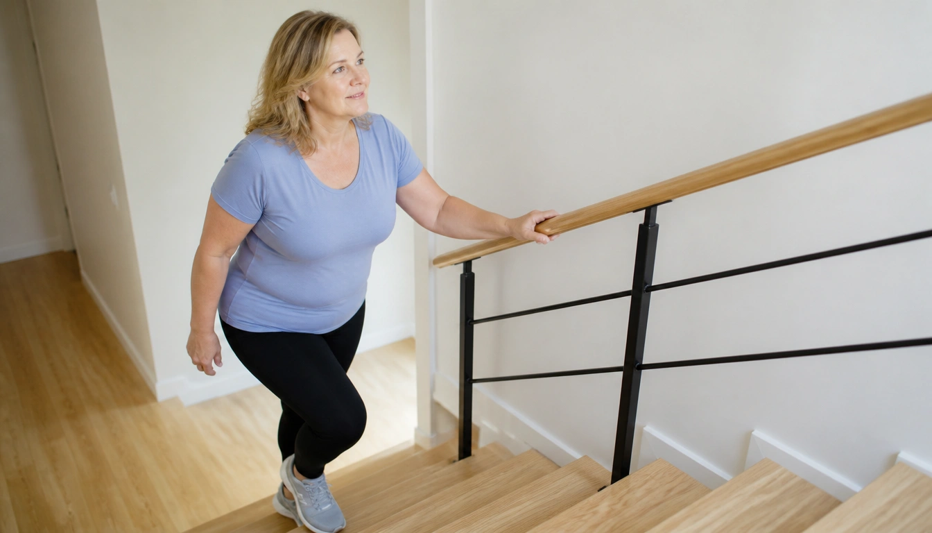 Beginner practicing a safe stair walking routine using the handrail at a conversational pace