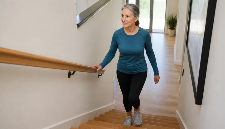 Adult over 50 using a handrail while practicing a short stair walking routine for cardio and balance
