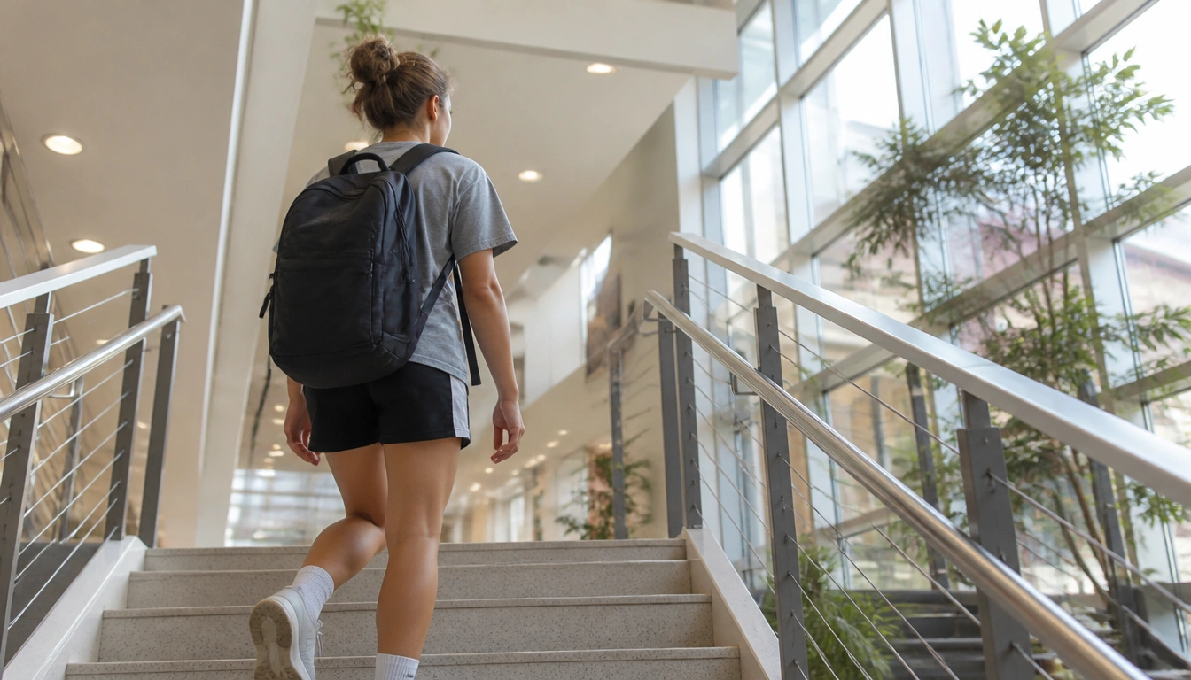 College student using campus stairs for a safe stair walking routine, following beginner-friendly guidance