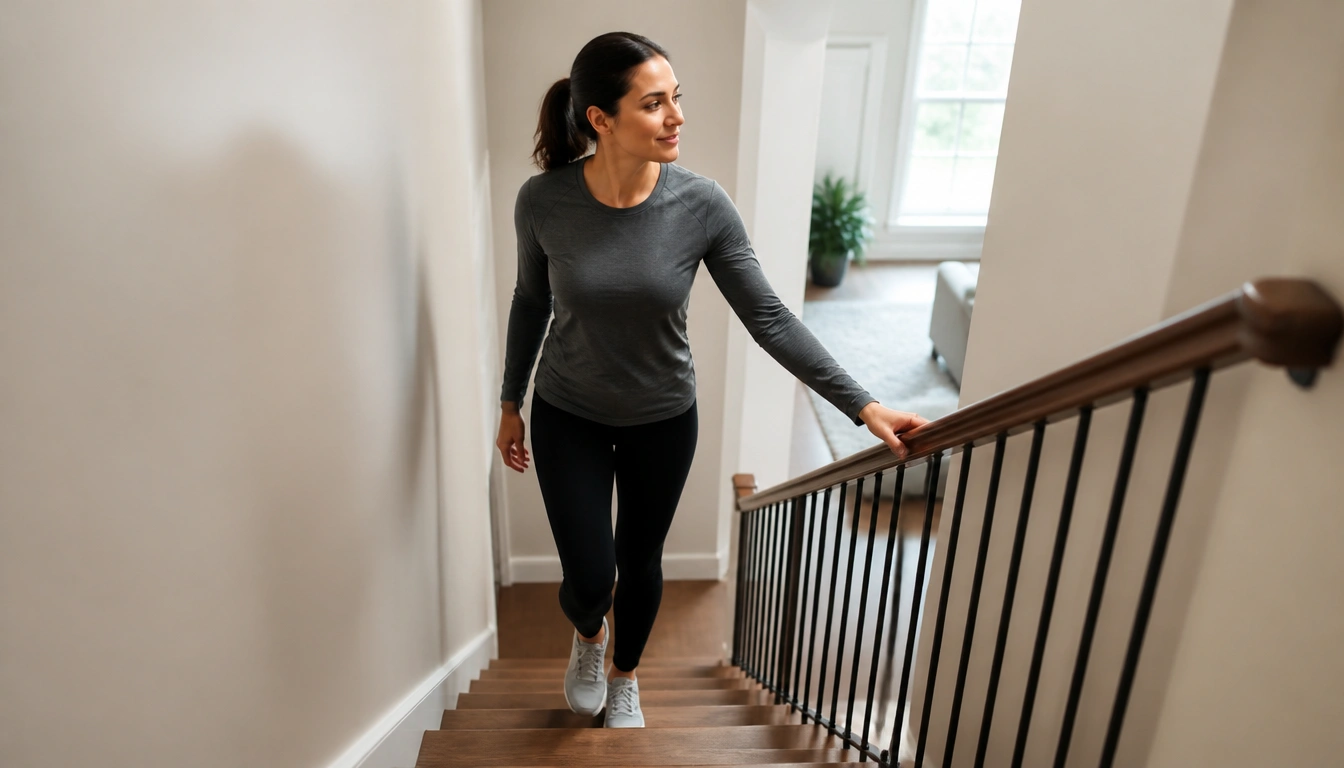 Person doing a safe stair walking routine at home with controlled pace and handrail support