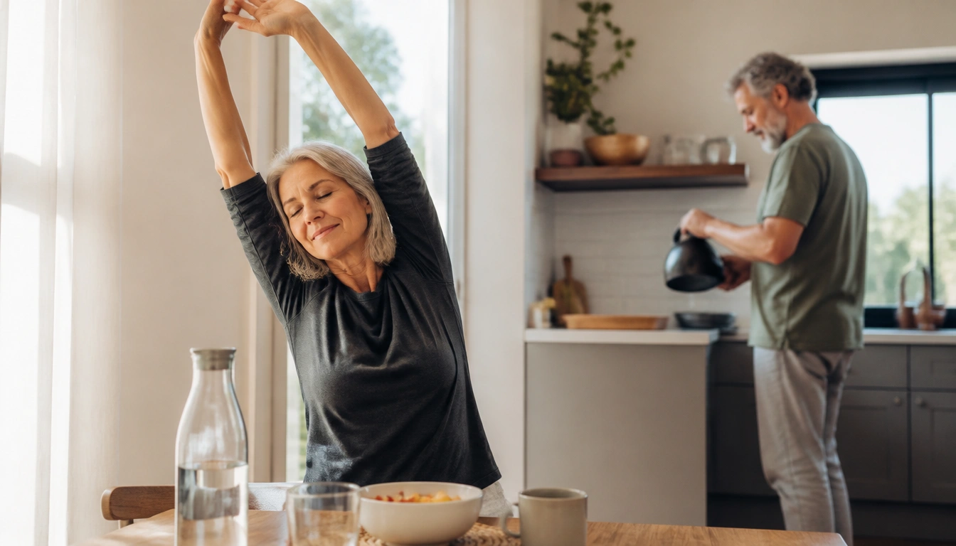 Stress-aware daily schedule for adults over 50 with morning light, movement breaks, and evening wind-down