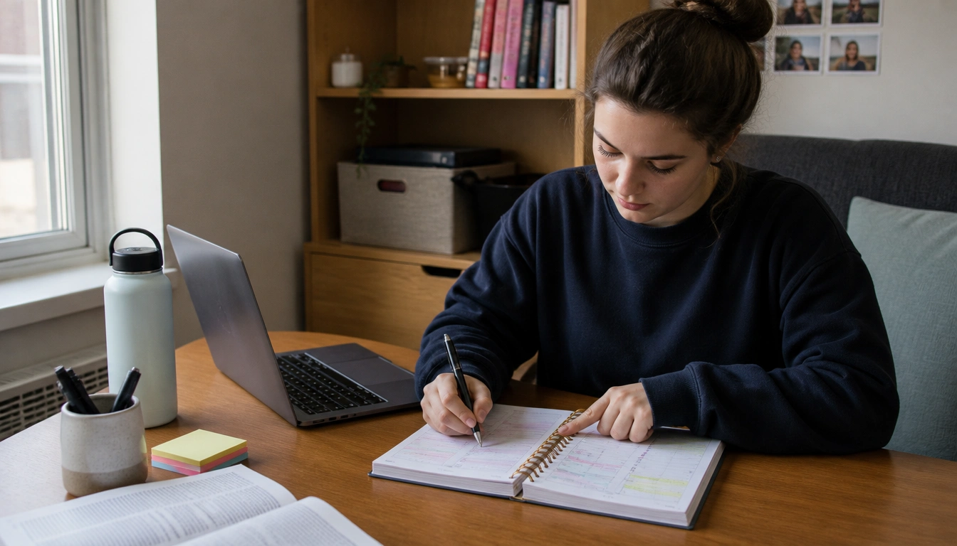 Stress-aware daily schedule for college students with anchors, buffers, and study breaks