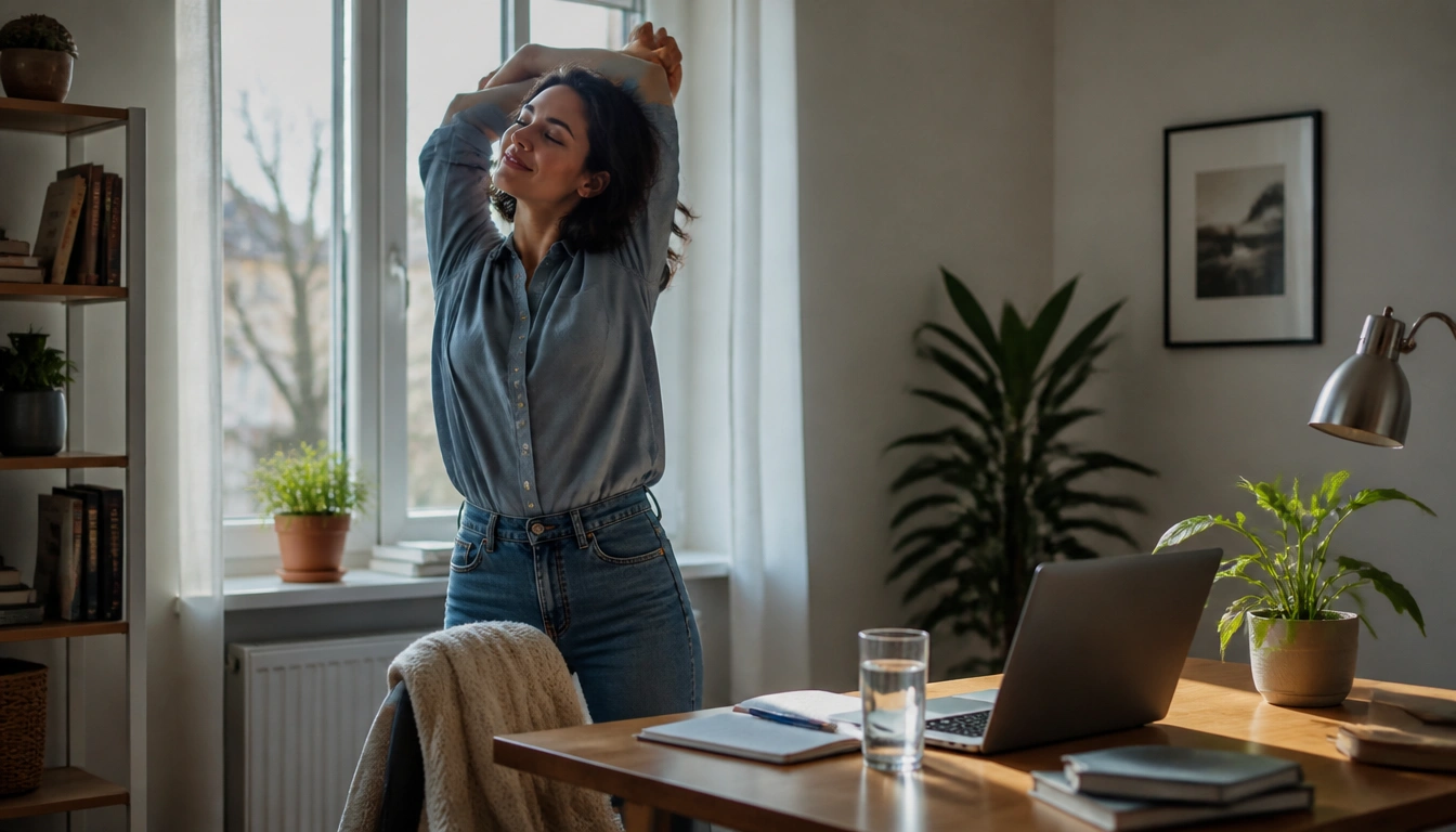 Example stress-aware daily schedule for working from home with virtual commute, breaks, and a firm shutdown routine